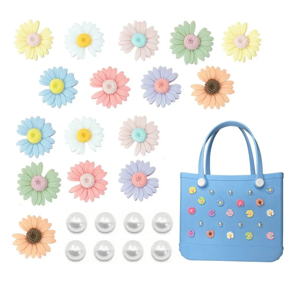 24PCS Flowers Charms for Bogg Bag Decoration PVC Pearl Beach Totes Bags Accessories for Rubber Beach Bag with Holes