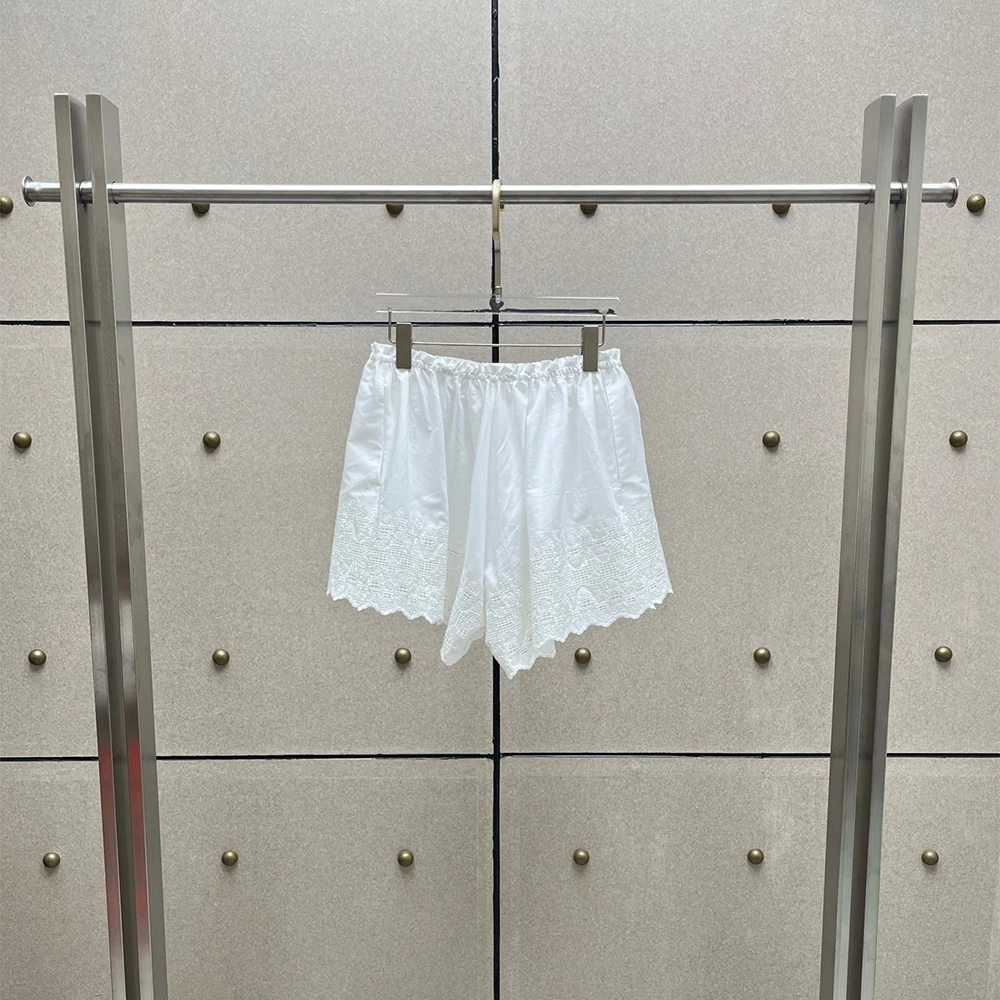 Ladies Pure Cotton Shorts Hollow Lace Scalloped Hem Elastic Drawstring Loose Short Pants Soft Breathable Women Casual Home Short