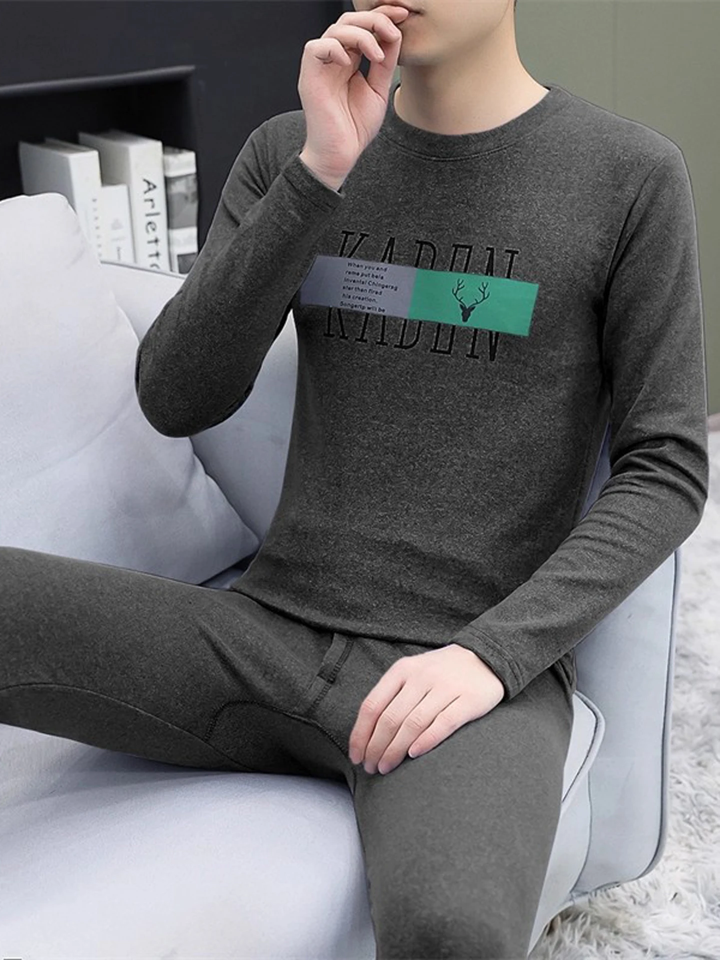 

Double-Sided Velvet Thermal Underwear Set Men's round Ne Long Sve Cotton Wool Base Layer irt Pants Autumn Winter Warmth