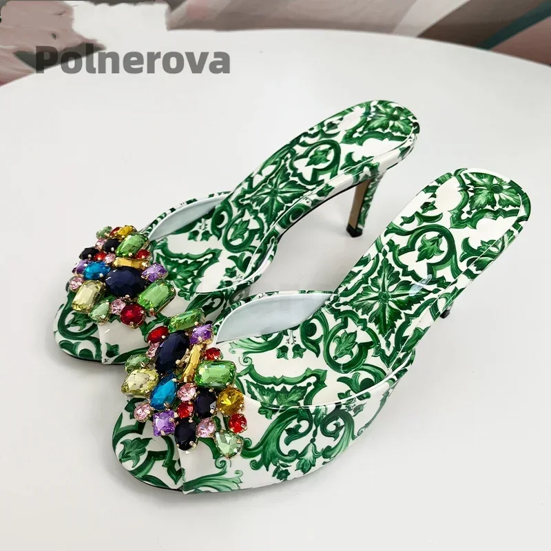 High Heeled Prints Jewel Slippers for Women Bohemian Colorful Crystal Open-Toe Stiletto Blue Green Summer Vacation Shoes view 4