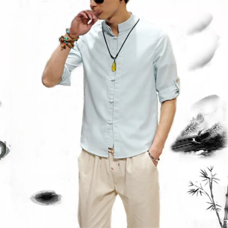 

Men's Cotton Linen Shirt Summer 2016 Retro Style Button up Short Sleeve Traditional Chinese Embroidery Ultra Slim Fit Daily Wear