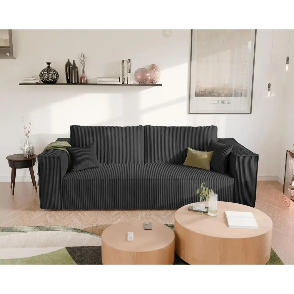 Three-Seater Corduroy Sofa Bed with Storage, 255 x 105 cm, Black, Living Room image 5