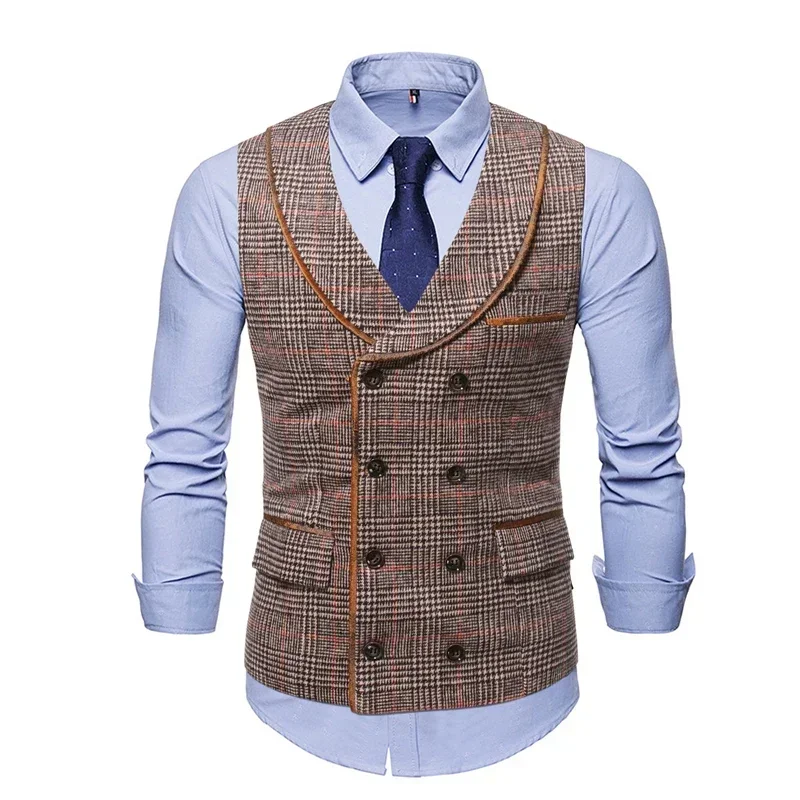 Men\'s Fashion Double Breasted Vest V-neck Casual Gentleman Waistcoat Wedding Business Suit Vest