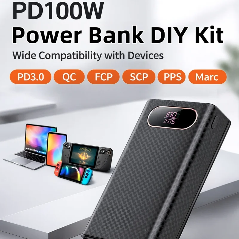 DIY Power Bank Case for 21700 Cells 100W PD Fast Charge Shell Only Ideal for Travel Backup Laptop Phone Charging
