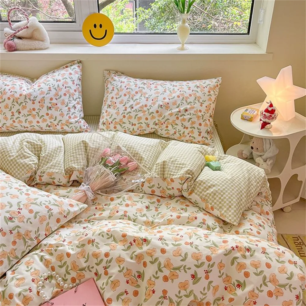 Small Fresh Four Piece Quilt Cover Set Pure Water Washed Cotton Student Bedroom Single/Double Three Piece Bedding Set