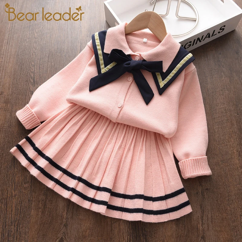 Bear Leader Girls Preppy Style Sweater Sets Christmas Dress Knitted Costumes Winter Soft Cotton Bowknot Cute Knitwear Clothes