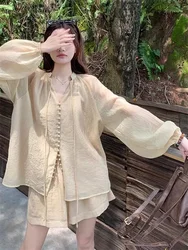 Chinese Style Zen Set for Women's Lazy Style V-neck Sunscreen Shirt 2024 Summer New Loose Versatile Wide leg Short Two-piece Set