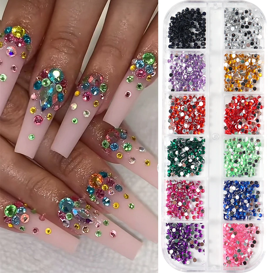 12 สีมินิคริสตัลเล็บ Art Rhinestones 2mm Flatback อัญมณีที่มีสีสันอัญมณีตกแต่งอเนกประสงค์สําหรับเล็บเครื่องประดับอุปกรณ์เสริม