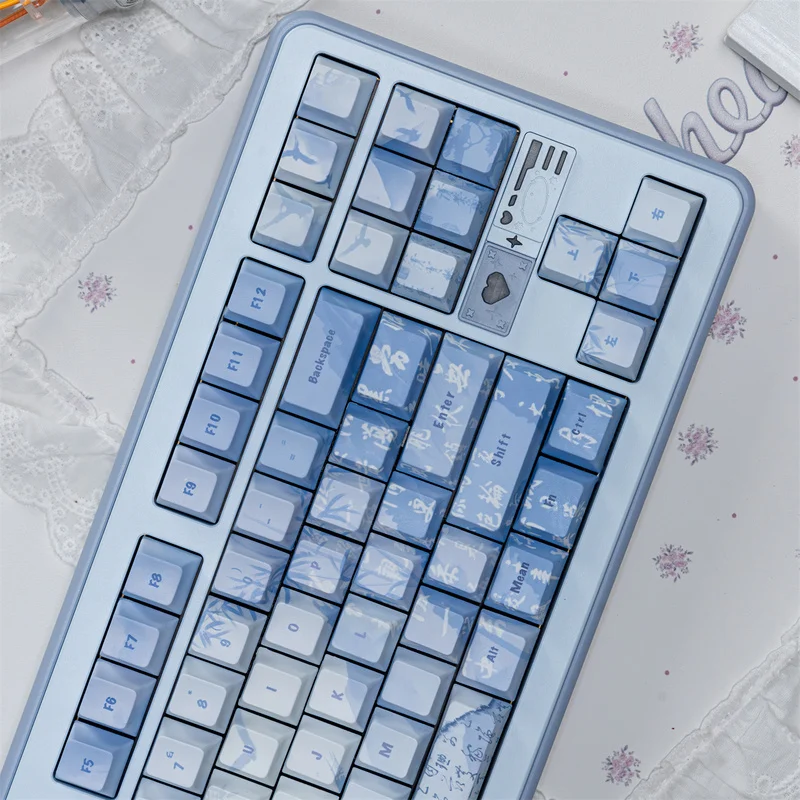 Blue Keycap,127 Keys Cherry Profile Dye Sublimation PBT Keycaps Chinese Calligraphy Custom Keycaps Set for 60%/65%/75%/80%/100%