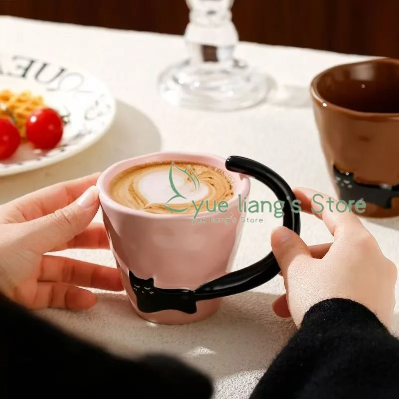 Cute Cartoon Cat Relief Ceramic Mug High Aesthetic Value Home Handle Cup Couple Water Cup Niche High-end Feeling Birthday Gift