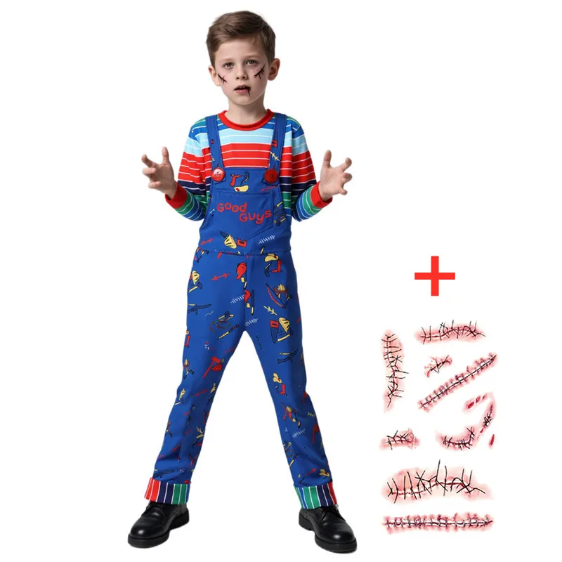 

Костюм Чаки для детей от 3 до 12 лет, наряд ужасов на Хэллоуин, комбинезон с принтом букв, детское платье для косплея, подарок шрамов, наклейки