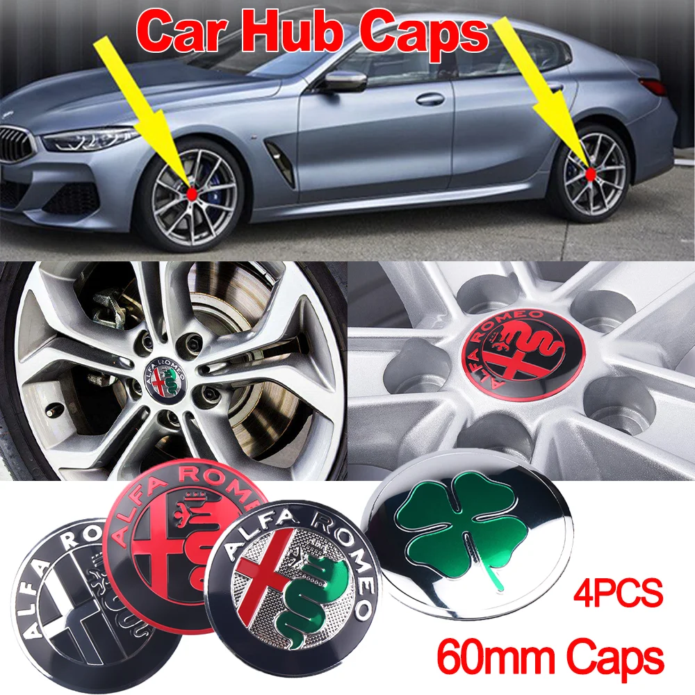 4 pçs 60mm emblema de metal auto hub caps decoração estilo acessórios automóveis para alfa romeo 159 156 stelvio 147 166 sportiva gt mito