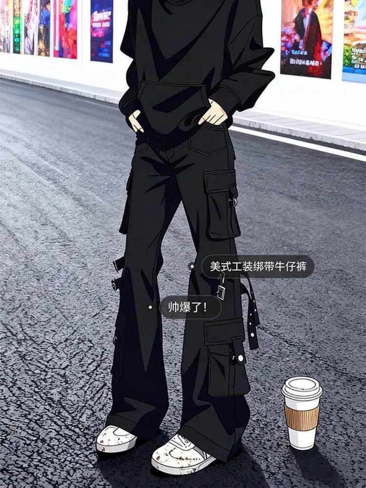 Unisex Cargo Jeans 2025 Men's Cargo Denim Pants High Street Vibe Strap Detail Multi Pocket Bootcut Slim Trousers