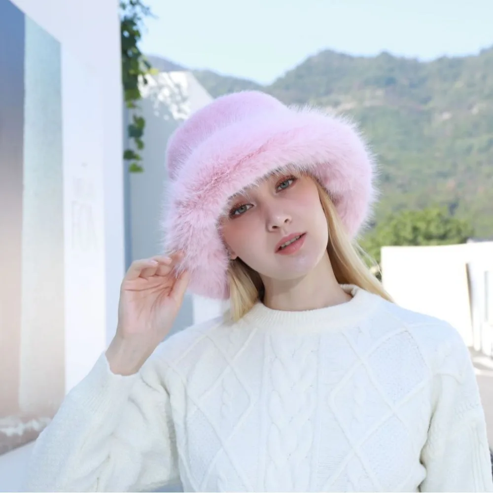 New Warm Fluffy Fur Bucket Hat Thicken Cold Fisherman Hat Snowy Day Ear Protection Panama Cap Women