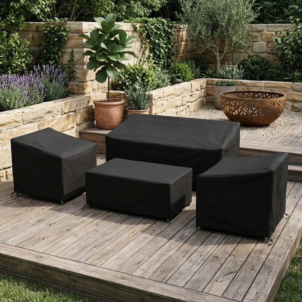 Oxford Polyester Patio Cover Set for 4-Piece Outdoor Conversation Furniture with All-Weather Protection and Drawstring Securing