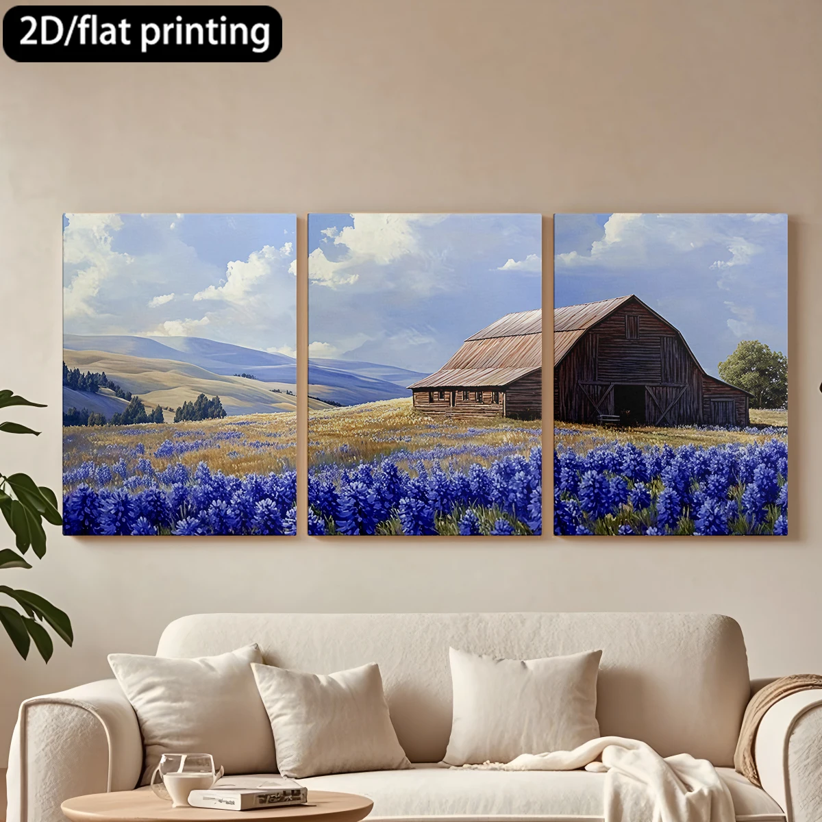 

Набор из 3 картин на холсте в деревянной раме: Деревенский пейзаж, синие цветы, лесные холмы. Декор для коридора, гостиной.