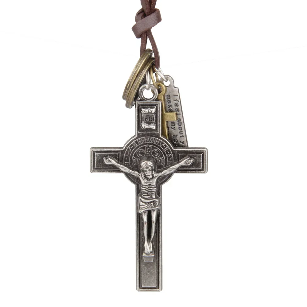 Car Ornament Cross Pendant Retro Jesus Christ Leather Rope Decoration Car Interior Rearview Mirror Trim Hanging Accessories Gift