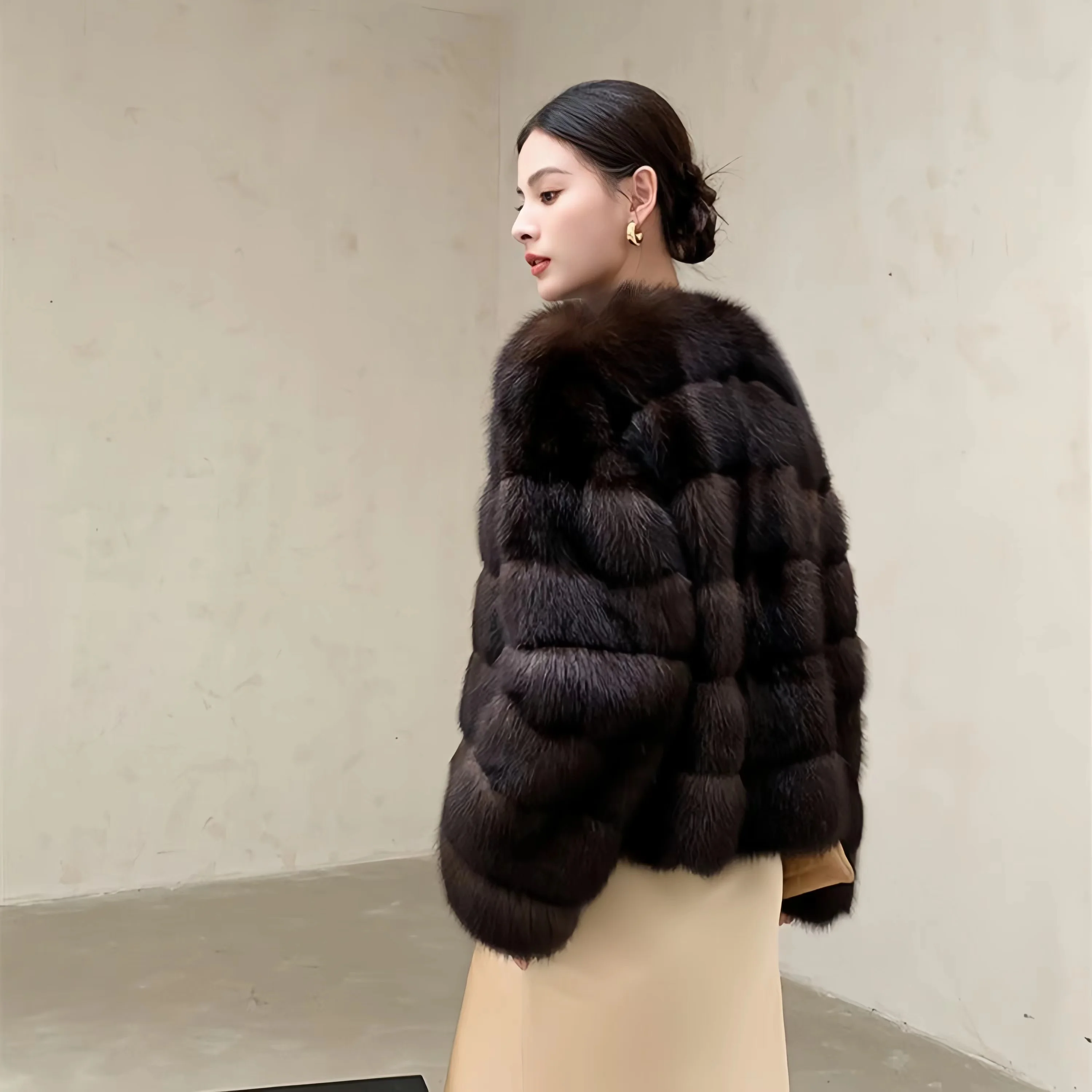 Women\'s Covered Button Faux Mink Fur Coat, O-Neck Short Jacket,Thick Warm Clothes,England Style,Autumn and Winter, 2024