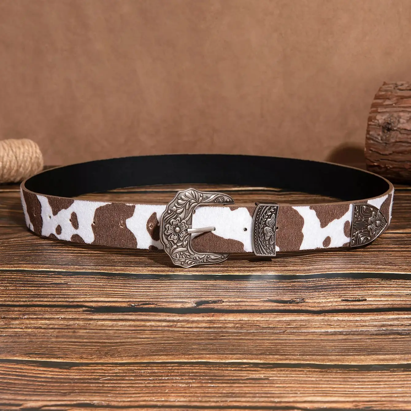 قطعة واحدة من حزام نسائي كاجوال بطبعة بقرة بنية اللون منقوش بإبزيم على شكل زهرة للجينز، حزام إكسسوار متعدد الاستخدامات. #2