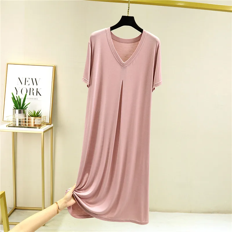 Comfort Modal Summer Nightgowns For Women Sleepwear For Sleeping Short Sleeve V Neck Long Dress Causal Nightwear Nightshirt