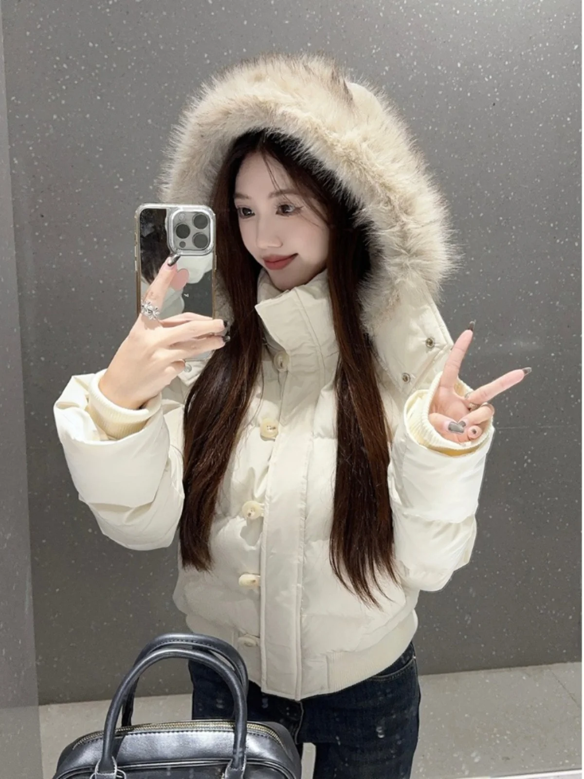 Korean Style Women's Short Hooded down Cotton Jacket White Fur Collar Warm Versatile Commute Thickened Long Sleeve Zipper