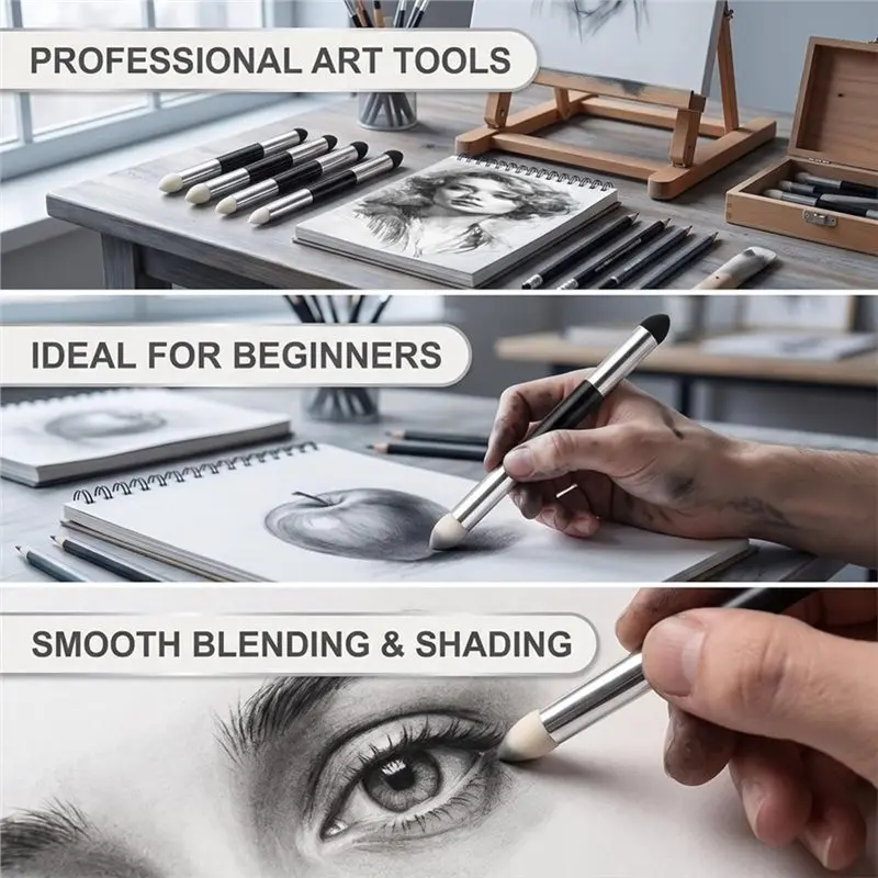 B03B-Dual-Tip Reusable Oil Pastel Blending Tools 8Pcs, Dual-Tip Blending Tools With Sponge& Felt Ends, Sketch Sponge Stump Stamp