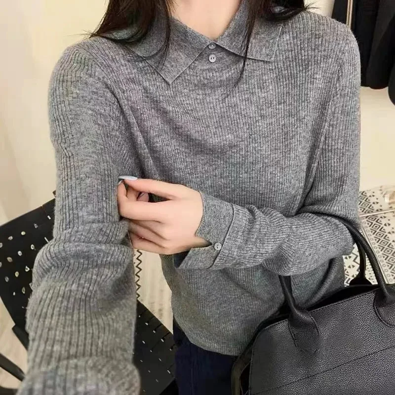 

2025 Autumn/Winter New Versatile Casual Simple Solid Color Collar Long Sleeve Knitted Shirt Women's Base