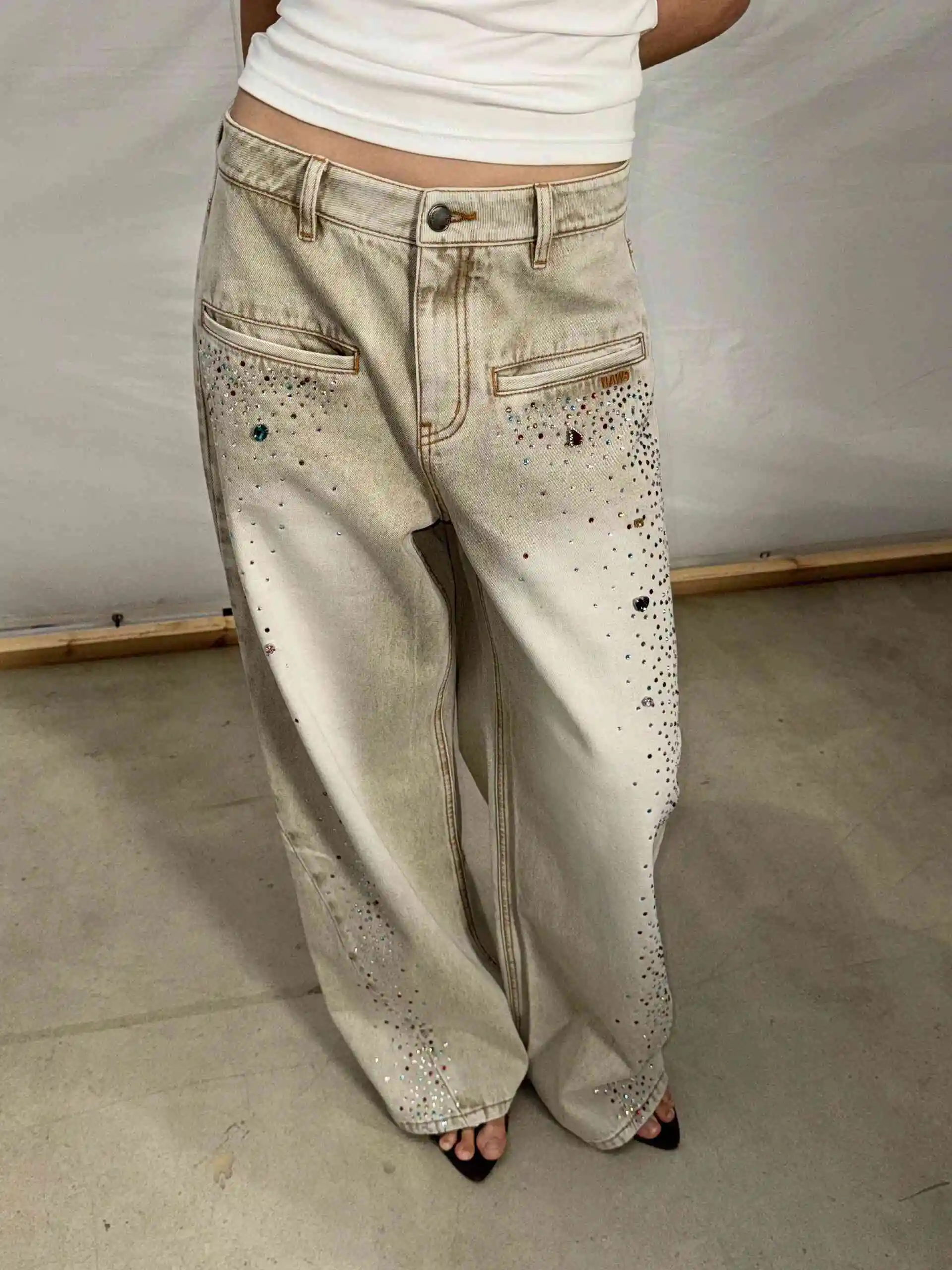 

American Retro Heavy Industry Diamond Y2k Jeans Women High Waist Vintage Loose Denim Pants Streetwear Casual Trousers