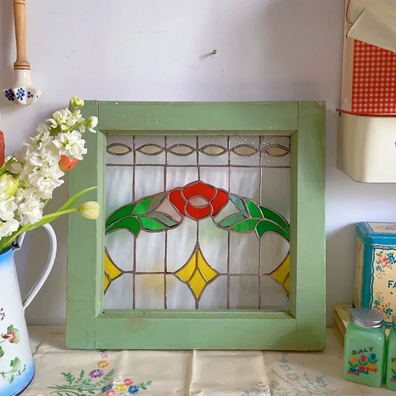 

Vintage Stained Glass Window Panel, Tiffany Style Floral Design,Wood Frame, 38.5x40.5cm, Handcrafted Art Glass Decor