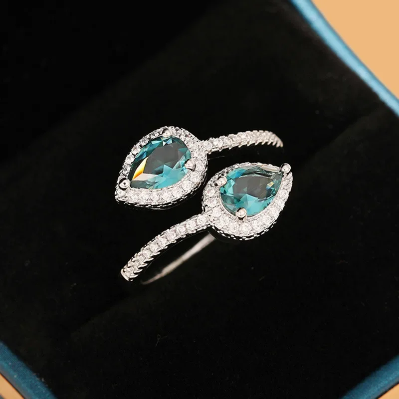 Classic Female Rings 925 Sterling Silver Water Droplet Blue Zircon Adjustable Rings for Women Promise Love Wedding Jewelry
