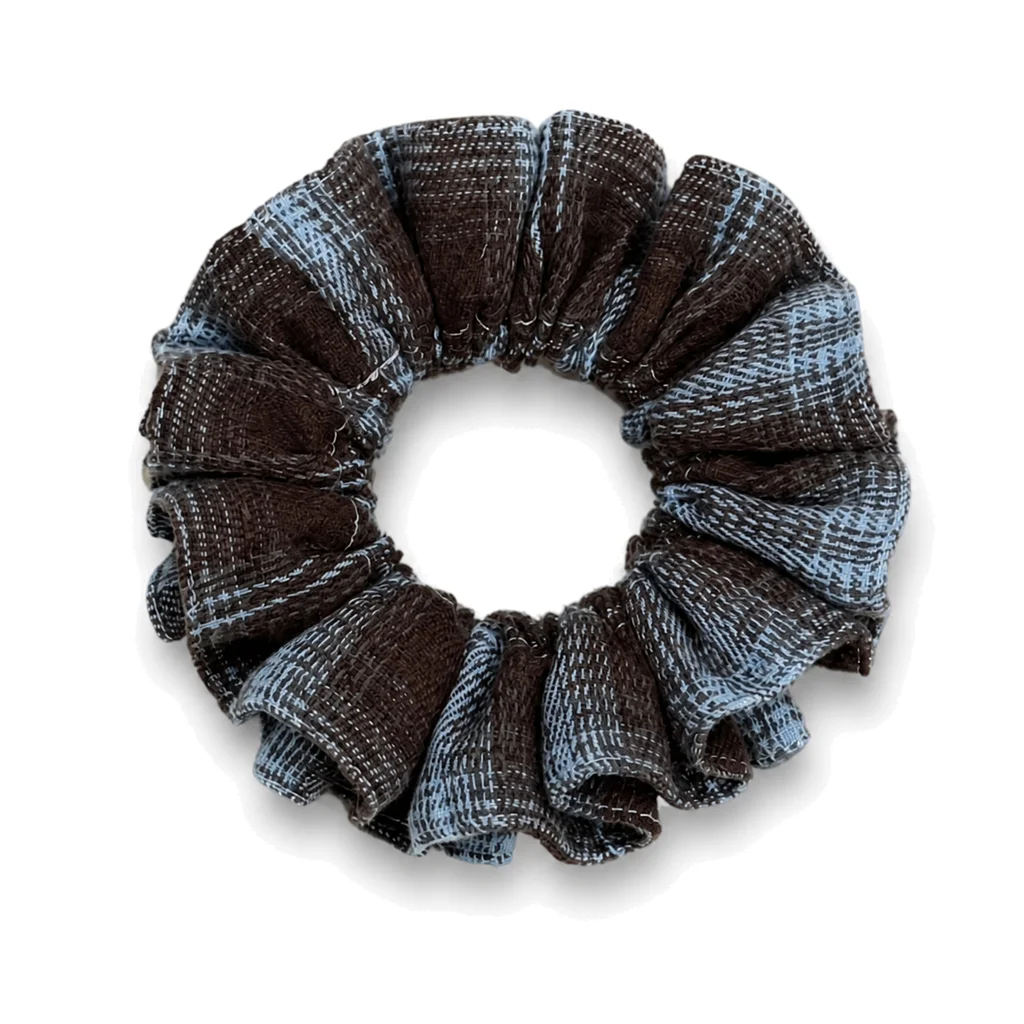 Mint Chocolate Blue Brown Double-Layer Scrunchie Handmade Elastic Hair Tie for Ponytail and Bun