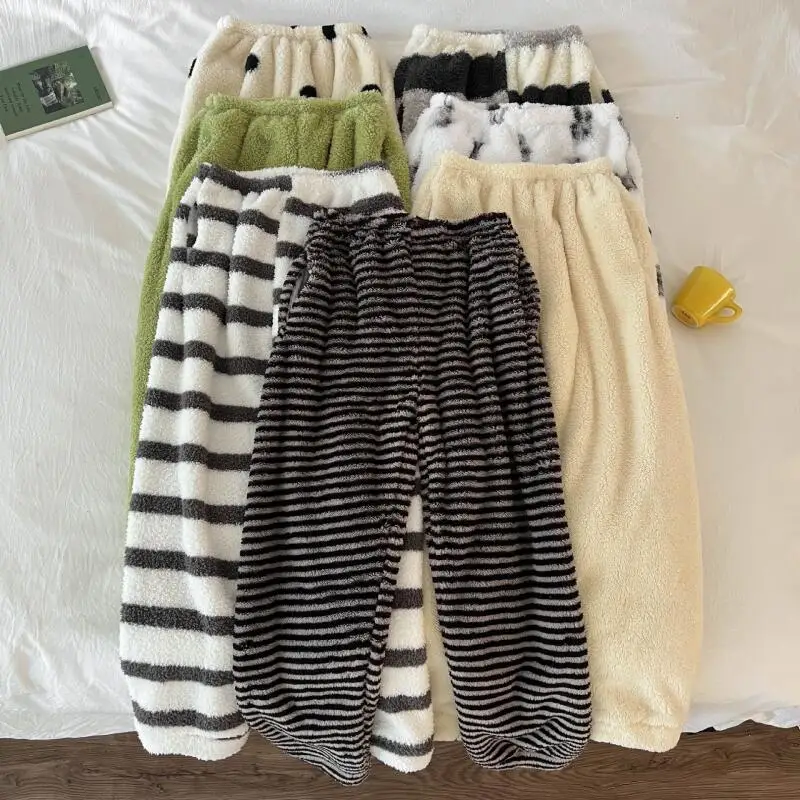 

Thickened Pajama Pants Flannel Home Pants Elastic Waist Autumn Winter Women's Home Pants Double Pocket Wide Leg Sleeping Pants