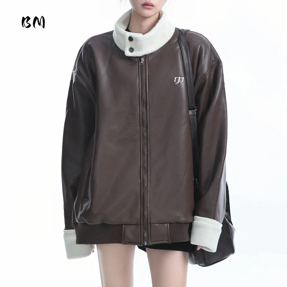 

Зимняя американская мотоциклетная куртка унисекс из искусственной кожи на флисовой подкладке, тяжелая теплая уличная одежда, винтажное байкерское пальто, повседневное модное