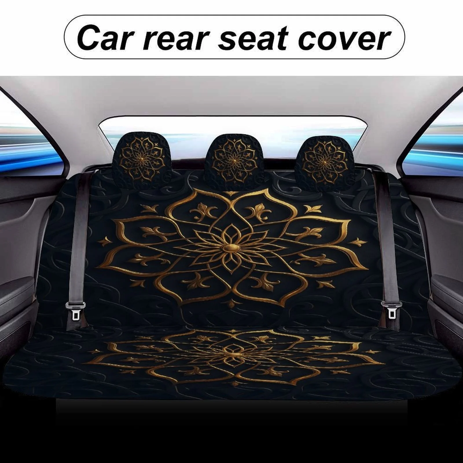 Set Of Car Seat Covers Featuring A Golden Mandala Design, Suitable For Various Vehicles. These Stylish And High-Quality Covers P