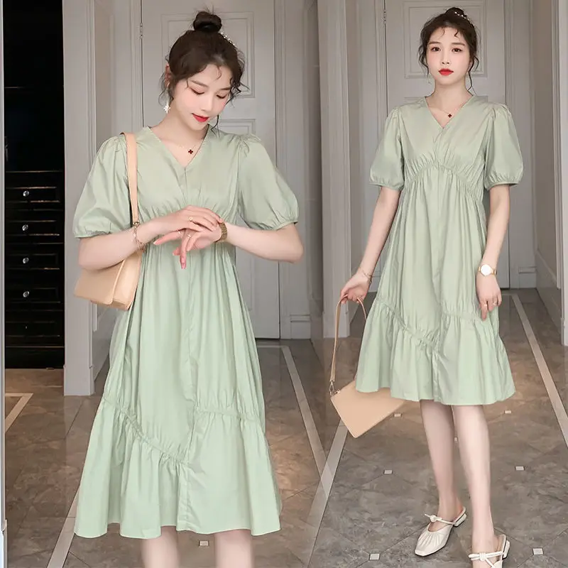 

2023 New Korean Solid Color Pregnant Women's Dress Summer Loose V-neck Summer Short Sleeve Fashion Materiality Dress LE945