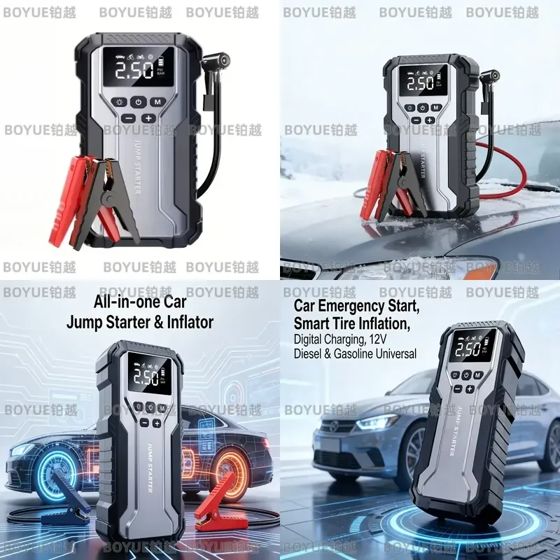 Portable 4 in 1 Car Jump Starter 12V Battery Booster Air Compressor Power Bank Emergency Auto Charger Multi Function Device