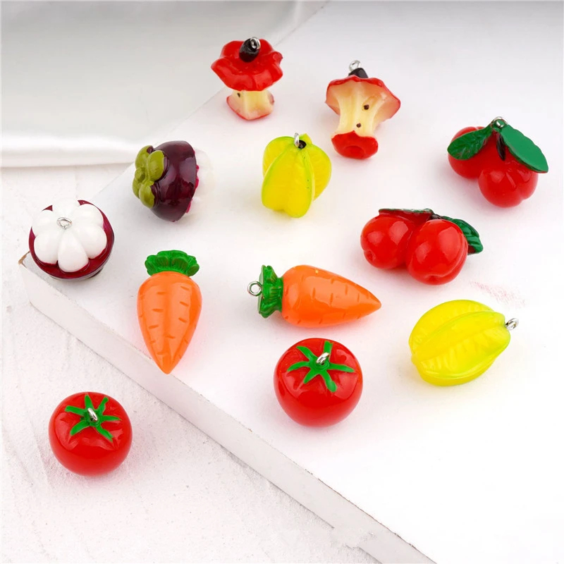 

vegetable style 50pcs/lot cartoon Apple carambola tomato mangosteen shape resin beads with hanger diy jewelry accessory