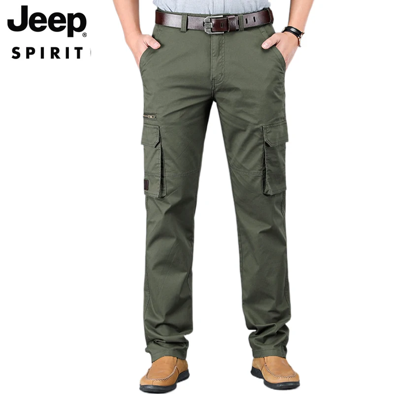 JEEP SPIRIT-Calças masculinas de bolso múltiplo, casual para negócios, moda ao ar livre, 100% algodão, cor sólida micro elástica