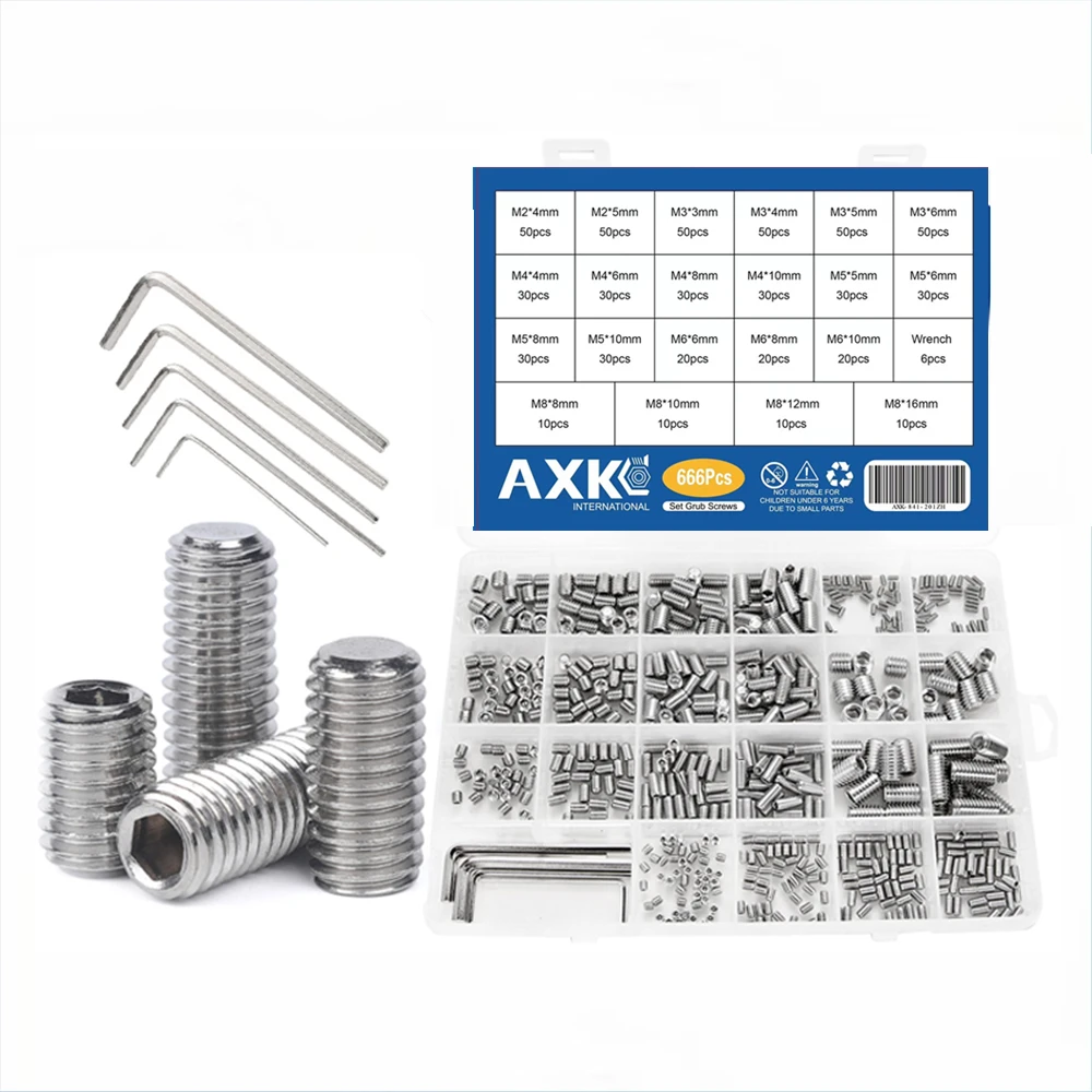 666Pcs Flat Point Set Screw Stainless Steel Hexagon Socket Grub Screw Kit M2 M3 M4 M5 M6 M8 Headless Screw Set Assortment Kit