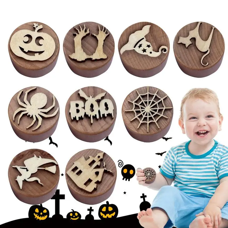 Clay Stamps For Crafting 9pcs Halloween Wood Clay Stamp Tool Stamp Toys Children's Handmade Stamp Set Plasticine Clay Stamp