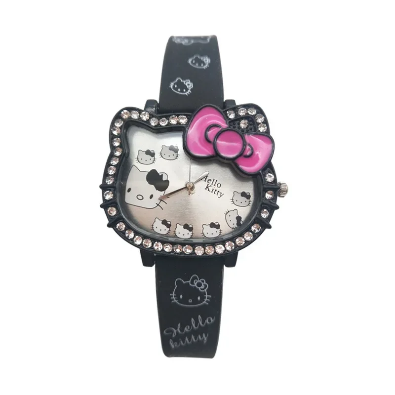 MINISO Hello Kitty Children\'s Cartoon Cat Head Student Electronic Silicone Diamond Bow Quartz Watch Party Kids Girls Gifts