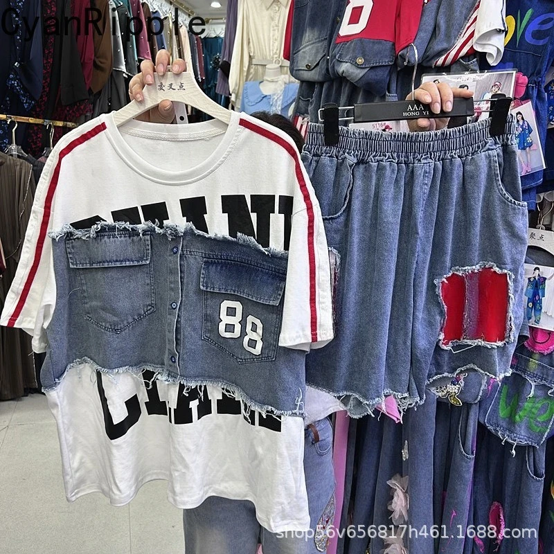 

Fashion Summer Women Two-piece Set Denim Splicing Loose Short Sleeve T-shirt Top + Elastic Waist Wide Leg Casual Short Jeans