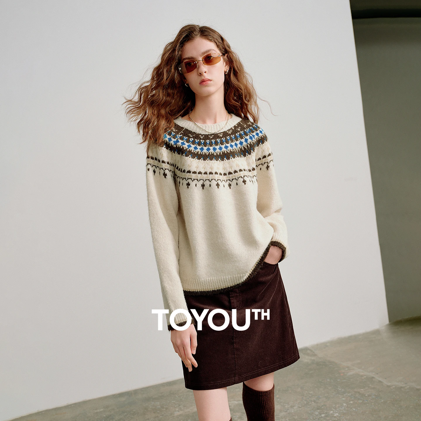 

TOYOUTH Women Marled Faux Rabbit Fur Knitwear 2026 Spring New Fair Isle Jacquard Sweaters Tops
