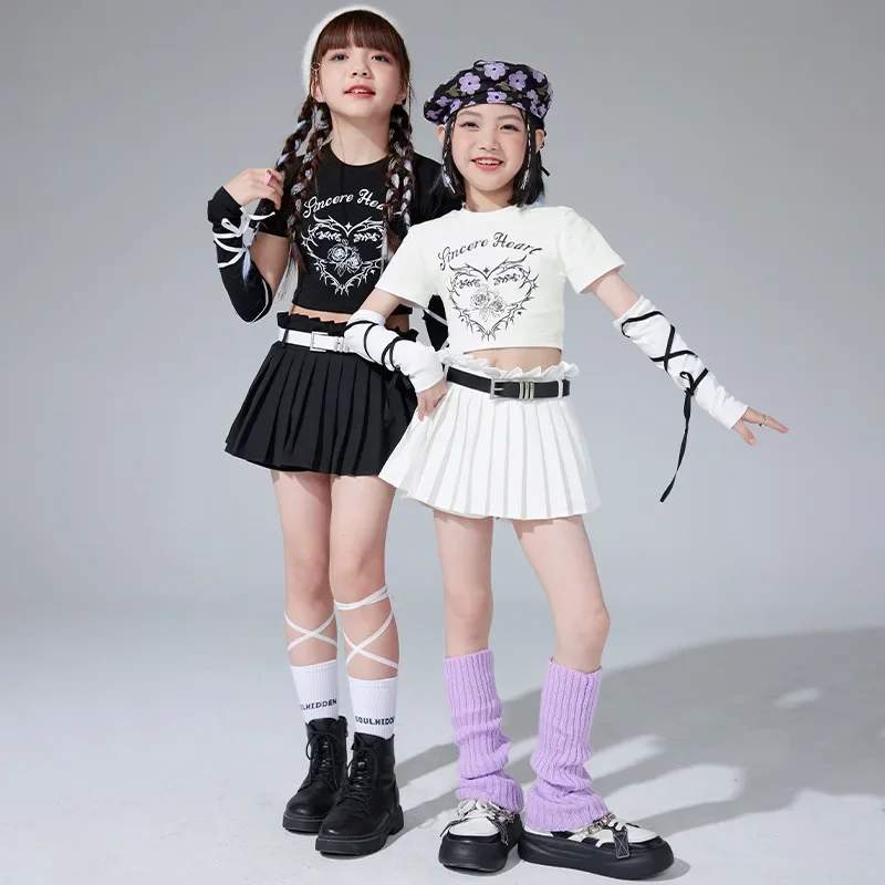 Enfant mignon Hip Hop vêtements blanc imprimé haut court t-shirt manches noir plissé Mini jupe pour fille Jazz danse Costume porter des vêtements