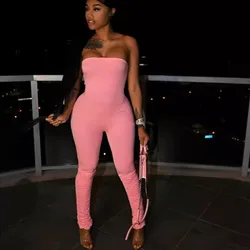 Solid Casual One Piece Jumpsuit Women Sleeveless Tube Strapless Rompers Stretchy Slim Stacked Ruched Pencil Pants Overalls