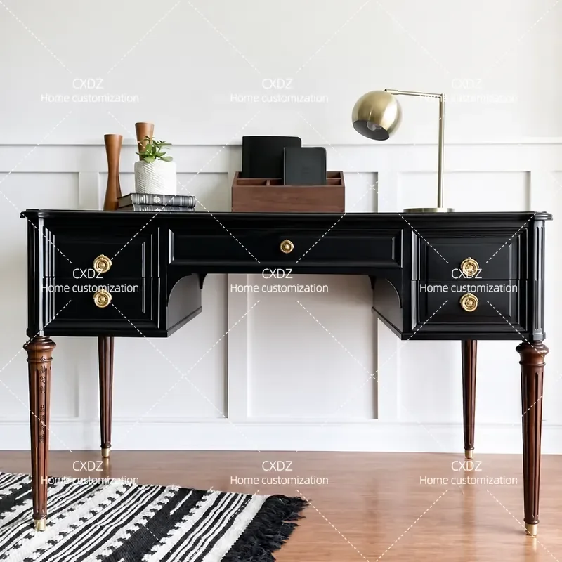 Retro Carved Solid Wood Desk Modern Minimalist Black Birch Writing Table Computer Workstation for Home Office Study