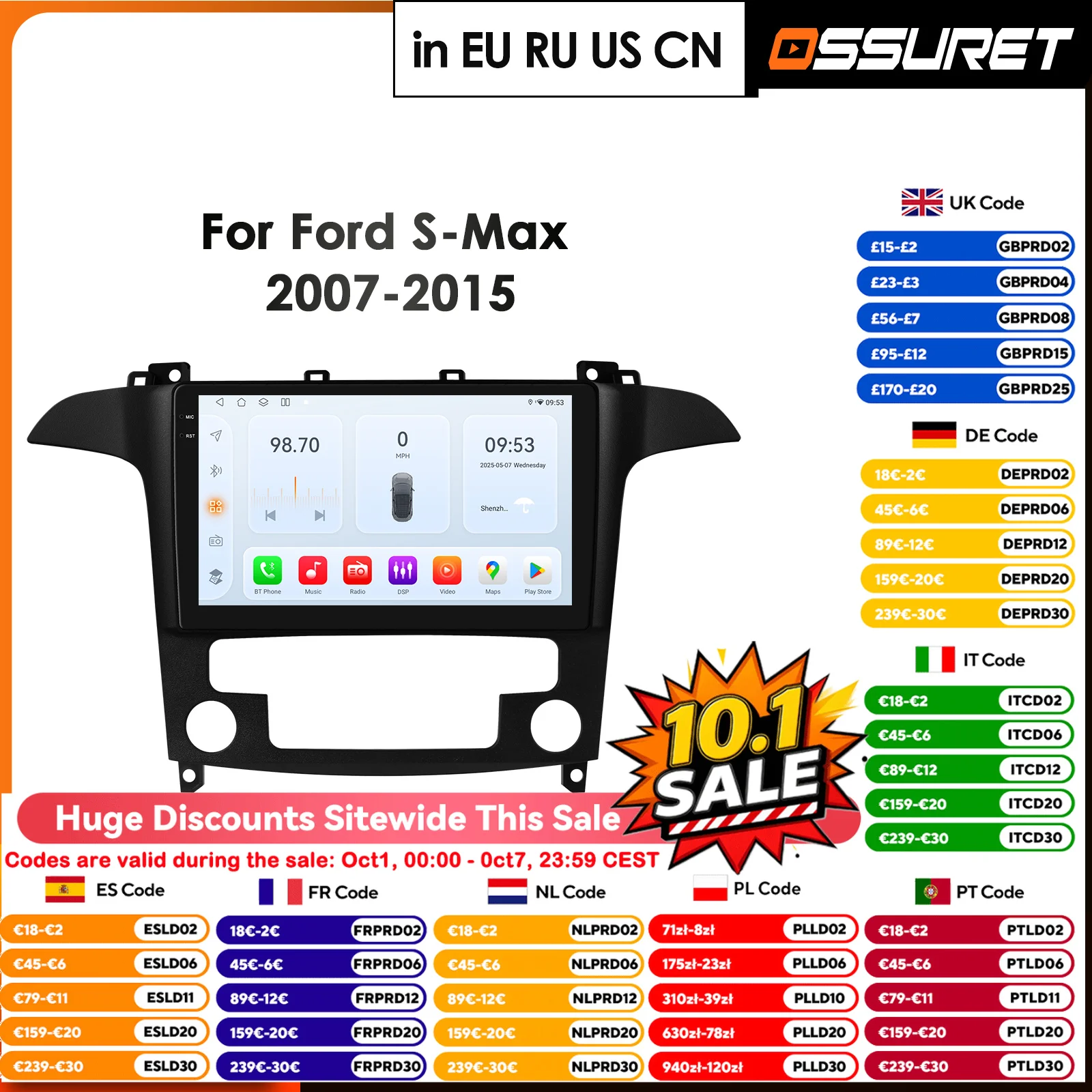 OSSURET 4G-LTE Android 14 for Ford S-MAX 2007-2015 Car Radio Multimedia Video Player Stereo AI Navigation GPS Carplay Autoradio