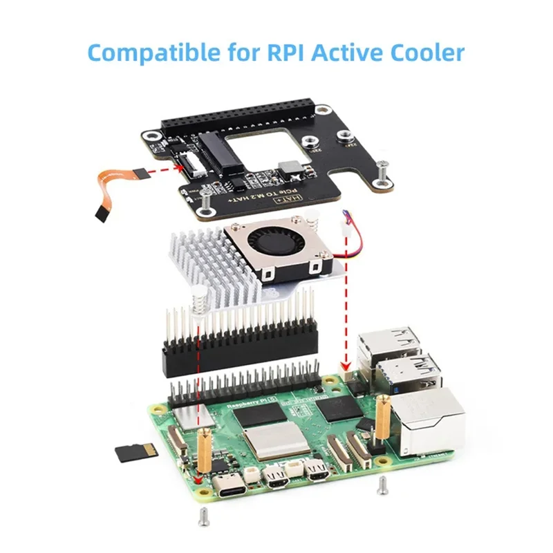 Carte d'extension haute vitesse NVME pour Raspberry Pi 5 Pcie à M.2 HAT, avec câble 16P, Support d'en-tête GPIO, refroidisseur actif