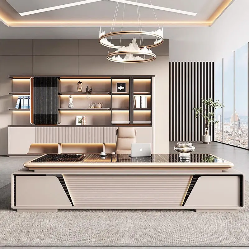 T*-Modern L-Shaped Executive Desk with Side Cabinet, Black Stone Top & Beige Finish, Luxury Workstation for CEO Office*-