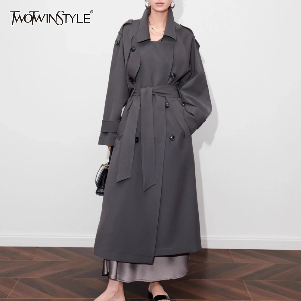 TWOTWINSTYLE Solid Spliced Sashes Basics Jacket Female Lapel Long Sleeve Temperament Women's Jackets Winter Fashion New Clothing